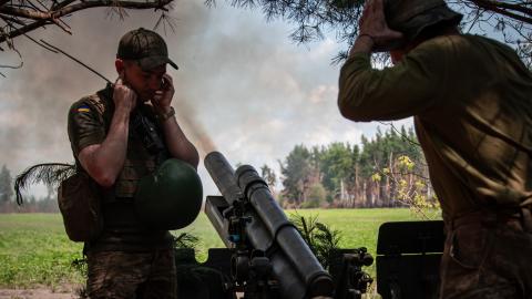 Ukrainian soldiers with the 57th Motorized Brigade operate at an artillery position on June 9, 2024 near Vovchansk, Kharkiv Region, Ukraine. Russian forces have been pressuring Ukrainian forces for weeks around the Kharkiv region. (Photo by Nikoletta Stoyanova/Getty Images)