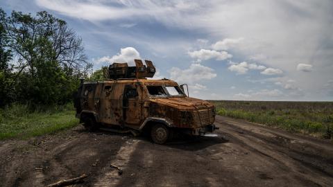 A Russian armored vehicle destroyed near Donetsk Oblast, Ukraine, on June 9, 2024. (Jose Colon/Anadolu via Getty Images)