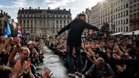 Raphael Arnault gestures during a rally following the European election results, in Lyon, France, on June 14, 2024. (Photo by Jeff Pachoud/AFP via Getty Images)