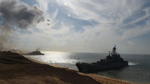 Russian ships and jets take part in a military exercise on the coast of the Black Sea in Crimea on September 9, 2016. (Photo by Vasily Maximov/AFP via Getty Images)