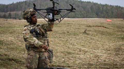 Sgt. Panzia Lawson, assigned to the 6th Squadron, 8th Cavalry Regiment, does drone maintenance during Allied Spirit 24 at the Hohenfels Training Area, Joint Multinational Readiness Center, Germany, March 6, 2024.