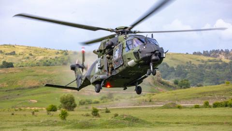 German Soldiers conduct air assault operations from a German NH90 helicopter during the joint Romanian-US military operation, Swift Response 24, Cincu, Romania, May 15, 2024. Swift Response 24 is a dynamic U.S. Army Europe & Africa-led exercise focused on Allied airborne forces’ ability to quickly and effectively respond to crises as an interoperable, multi-national team. (U.S. Army video by Staff Sgt. Ashley Low)