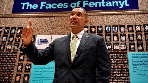 Ray Donovan, chief of operations of the Drug Enforcement Administration (DEA), stands in front of "The Faces of Fentanyl" wall in Arlington, Virginia, on July 13, 2022.  (Agnes Bun/AFP via Getty Images)