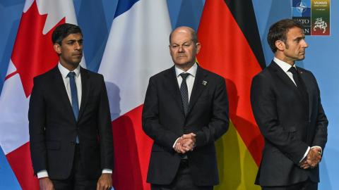British Prime Minister Rishi Sunak, German Chancellor Olaf Scholz, and French President Emmanuel Macron at the NATO Summit on July 12, 2023, in Vilnius, Lithuania (Artur Widak/NurPhoto via Getty Images)