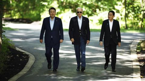 South Korean President Yoon Suk Yeol, United States President Joe Biden, and Japanese Prime Minister Kishida Fumio arrive for a joint news conference on August 18, 2023, in Camp David, Maryland. (Chip Somodevilla via Getty Images)