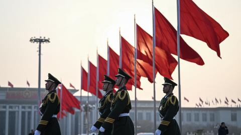 Chinese People's Liberation Army soldiers patrol at Tiananmen Square ahead of the second plenary session of the Chinese People's Political Consultative Conference (CPPCC) in Beijing on March 7, 2024. (Photo by Jade Gao / AFP) (Photo by JADE GAO/AFP via Getty Images)