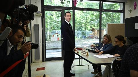 French far-right Rassemblement National President Jordan Bardella votes during the first round of parliamentary elections in Garches, Paris, on June 30, 2024. (Julien De Rosa/AFP via Getty Images)