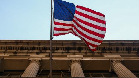 US flag is seen on a building in New York on July 4, 2024. (Beata Zawrzel/NurPhoto via Getty Images)