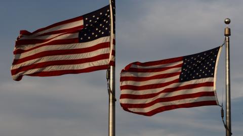 American flags are seen at the Washington Monument in Washington DC, United States on July 9, 2024. (Photo by Jakub Porzycki/NurPhoto via Getty Images)