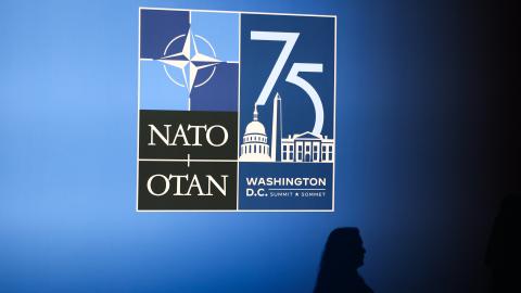 The NATO Summit logo in Washington, DC, on July 9, 2024. (Jakub Porzycki/NurPhoto via Getty Images)