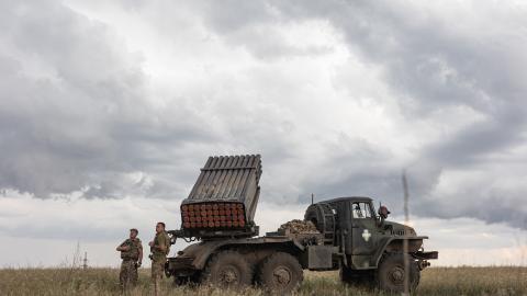 Ukrainian soldiers prepare the BM-21 artillery vehicle in its fighting position in Donetsk Oblast, Ukraine on July 23, 2024. (Photo by Diego Herrera Carcedo/Anadolu via Getty Images)