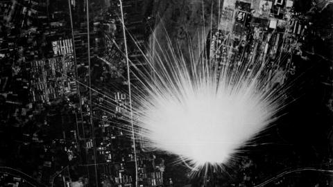 A Japanese phosphorus bomb explodes over Kagamigahara, Japan, 1945. (Photo by USAAF/Interim Archives/Getty Images)