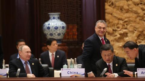 Russian President Vladimir Putin, Hungarian President Viktor Orban, and Chinese President Xi Jinping attend a meeting during the Belt and Road Forum for International Cooperation on May 15, 2017, in Beijing, China. (Mikhail Svetlov via Getty Images)