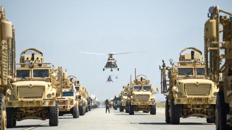 Taliban military vehicles parade to celebrate the third anniversary of Taliban's takeover of Afghanistan in Bagram, Afghanistan, on August 14, 2024. (Ahmad Sahel Arman/AFP via Getty Images)