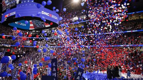 US Vice President Kamala Harris celebrates with her family after accepting the Democratic presidential nomination on August 22, 2024, in Chicago, Illinois. (Kevin Dietsch via Getty Images)