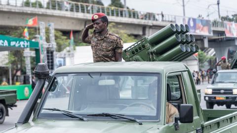 A member of the Ethiopian National Defense Force salutes during the 116th celebration of Ethiopian National Defense Force in Addis Ababa, Ethiopia, on October 26, 2023. (Photo by Amanuel Sileshi/AFP via Getty Images)