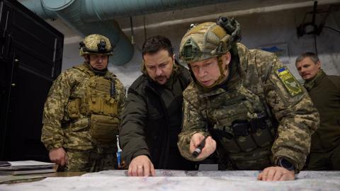 Ukrainian President Volodymyr Zelenskyy visits the soldiers in the Kupiansk frontline on November 30, 2023, in Kharkiv, Ukraine. (Ukrainian Presidency/Anadolu via Getty Images)