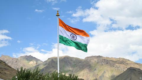 An Indian flag is seen at a war memorial in Dras, India, on July 24, 2024. (Firdous Nazir via Getty Images)