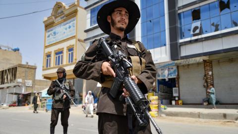 Taliban security personnel stand guard at a checkpoint in Kandahar, Afghanistan, on the eve of the third anniversary of the Taliban's takeover of Afghanistan on August 13, 2024. (Sanaullah Seiam/AFP via Getty Images)