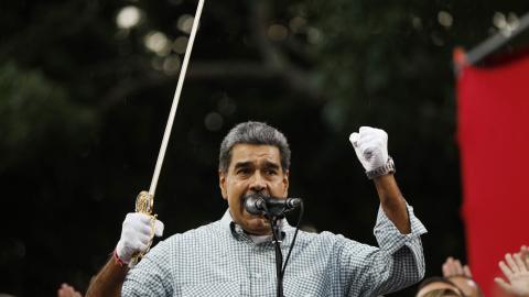 Venezuelan President Nicolas Maduro delivers a speech as he holds a replica of Liberator Simon Bolivar's sword during a rally in Caracas on August 28, 2024. (Pedro Rances Mattey/AFP via Getty Images)