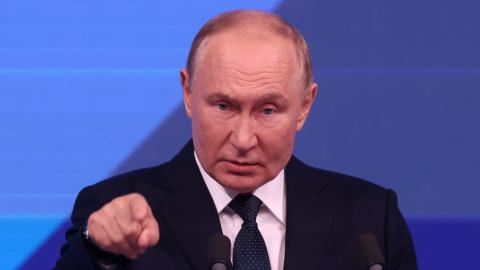 Russian President Vladimir Putin gestures during his speech on September 7, 2024, in Moscow, Russia. (Getty Images)