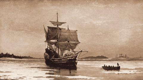 "Mayflower in Plymouth Harbor" (1882), an oil painting by William Halsall of the ship that in December 1620 brought Pilgrims to New England where they established the Massachusetts colony. (Getty Images)