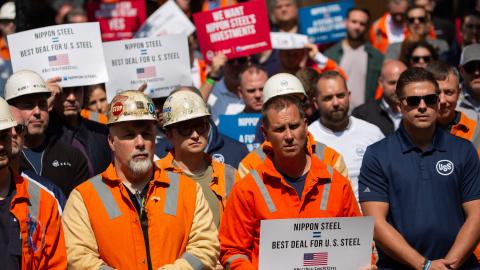 US Steel Corporation workers rally outside the company's headquarters in Pittsburgh, Pennsylvania, supporting the takeover by Japan's Nippon Steel, on September 4, 2024. (Rebecca Droke/AFP via Getty Images)