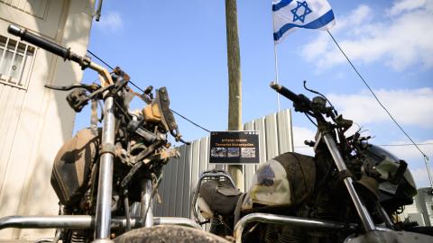 Recovered motorcycles used by members of Hamas during the October 7 attacks are seen on October 6, 2024, in Tel Aviv, Israel.  (Leon Neal via Getty Images)