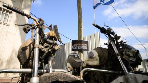 Recovered motorcycles used by members of Hamas during the October 7 attacks are seen on October 6, 2024, in Tel Aviv, Israel.  (Leon Neal via Getty Images)