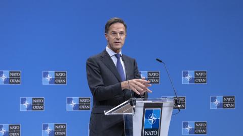 NATO Secretary General Mark Rutte holds the closing press conference during the defence ministers' meetings on October 18, 2024, in Brussels, Belgium. (Omar Havana via Getty Images)