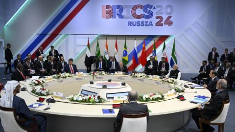 The presidents of Brazil, Russia, India, China, South Africa, Iran, Egypt, Ethiopia, and the United Arab Emirates attend the narrow format meeting of the BRICS summit in Kazan, Russia, on October 23, 2024. (Alexander Nemenov/AFP via Getty Images)