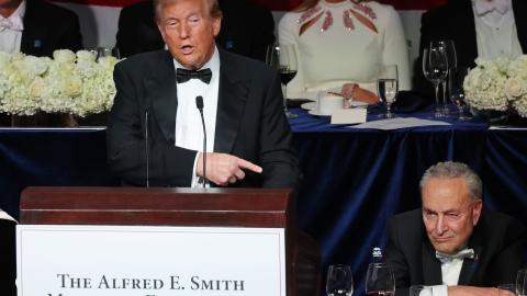 Former US President Donald Trump points to Senate Majority Leader Chuck Schumer as he speaks on October 17, 2024, in New York City. (Michael M. Santiago via Getty Images)