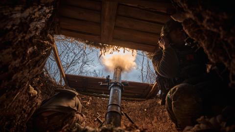 Ukrainian soldiers fire a mortar at Russian military targets on November 11, 2024, in Toretsk, Ukraine. (Kostiantyn Liberov via Getty Images)