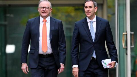 Anthony Albanese and the Hon. Dr. Jim Chalmers arrive for post budget media interviews at Parliament House on May 15, 2024, in Canberra, Australia. (Tracey Nearmy via Getty Images)