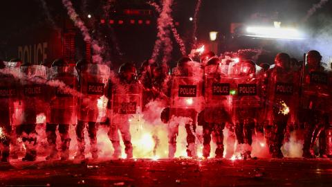 Fireworks launched explode along police lines amid ongoing mass demonstrations against the Georgian government's decision to suspend European Union membership talks in Tbilisi, Georgia, on December 1, 2024. (Giorgi Arjevanidze via Getty Images)