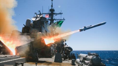 The Arleigh Burke-class guided-missile destroyer USS Fitzgerald (DDG 62), while participating in Exercise Rim of the Pacific (RIMPAC) 2024, fires the first naval strike missile from a U.S. destroyer July 18. (DVIDS)