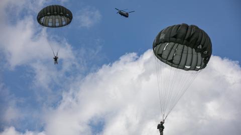 U.S. Army Paratroopers and other Paratroopers from partner nations descends to drop zone using their MC-6 Parachute during Leapfest 2024 at Glenrock Drop Zone , Exeter, Rhode Island, August 3, 2024. (DVIDS)