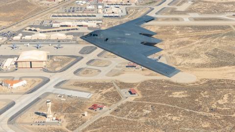 The Spirit of Pennsylvania B-2 Spirit assigned to the 419th Flight Test Squadron flies over Edwards Air Force Base, California, prior to landing, July 17. (Air Force photo by Christian Turner)