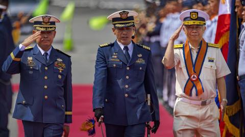 apan Coast Guard Commandant Admiral Shohei Ishii (right) and Philippine Coast Guard  Chief of Staff Commodore Joeven Fabul (left) take part in arrival honors at the Philippine Coast Guard  headquarters on November 4, 2023, in Manila, Philippines, as the countries seek to bolster military ties  after tensions escalated between China and the Philippines in the South China Sea. (Ezra Acayan via  Getty Images)