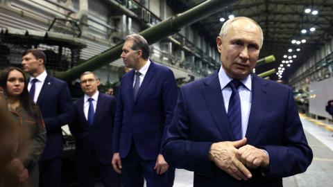 Russia's President Vladimir Putin visits Uralvagonzavod, the country's main tank factory in the Urals, in Nizhny Tagil