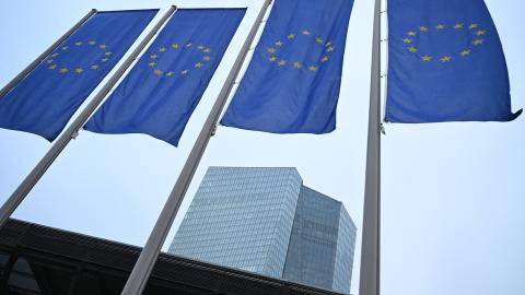 European Union flags outside the European Central Bank’s headquarters in Frankfurt, Germany, on December 12, 2024. (Kirill Kudryavtsev/AFP via Getty Images)