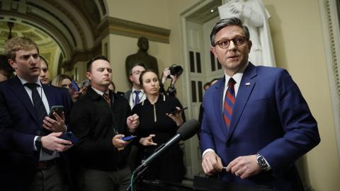 Speaker of the House Mike Johnson speaks to reporters on December 19, 2024, in Washington, DC. (Kevin Dietsch via Getty Images)