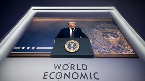 United States President Donald Trump during his address at the World Economic Forum annual meeting in Davos, Switzerland, on January 23, 2025. (Fabrice Coffrini/AFP via Getty Images)