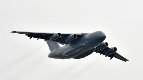 China's Xi'an Y-20 transport aircraft flies on November 1, 2016, in Zhuhai, China. (The Asahi Shimbun via Getty Images)