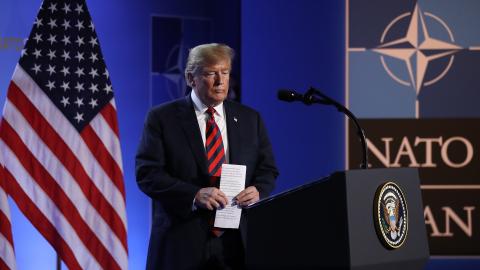 President Donald Trump arrives to speak to the media on the second day of the 2018 NATO Summit on July 12, 2018, in Brussels, Belgium. (Sean Gallup via Getty Images)