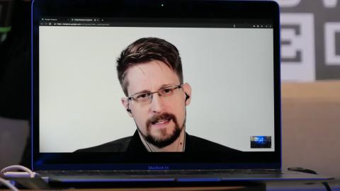 Edward Snowden speaking from Russia during the Wired Next Fest 2019 at the Giardini Indro Montanelli on May 26, 2019, in Milan, Italy. (Rosdiana Ciaravolo via Getty Images)