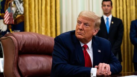 President Donald Trump addresses reporters in the Oval Office of the White House after receiving a briefing from law enforcement on July 15, 2020, in Washington, DC. (Anna Moneymaker/Getty Images)