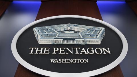  Pentagon logo is seen ahead of a press conference at the Pentagon in Washington DC, on August 15, 2023. (Celal Gunes/Anadolu Agency via Getty Images)