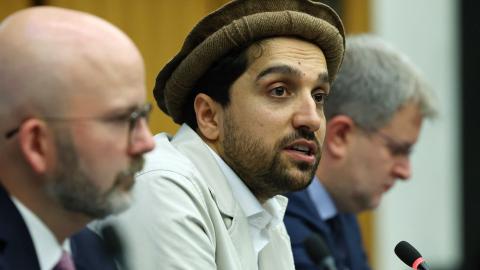 Ahmad Massoud, leader of the National Resistance Front of Afghanistan, speaks in Strasbourg, eastern France, on October 4, 2023. (Getty Images)