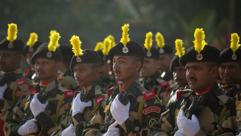 Personnel of the Border Security Force (BSF) take part in a full dress rehearsal parade in preparation for Republic Day celebrations on January 24, 2025 in Bengaluru, India. India celebrates its Republic Day on January 26. (Photo by Abhishek Chinnappa/Getty Images)